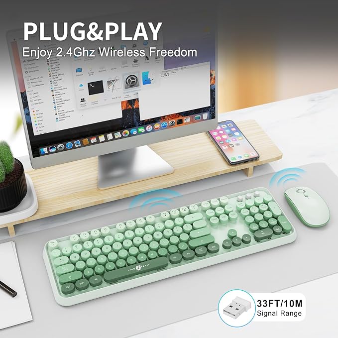 Sage Green Wireless Keyboard and Mouse Combo, Creamy Bubble Keyboard with Round Keys, 2.4GHz Cute Typewriter Style Full Size Mint Green Keyboard with Number Pad for PC Laptop Desktop
