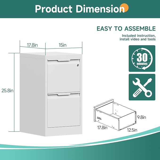 2 Drawer File Cabinet with Lock, Small Filing Cabinets for Home Office,17.8" D Metal File Cabinet for Under Desk, Vertical White File Cabinets for Legal/Letter Size File, Easy Assembly