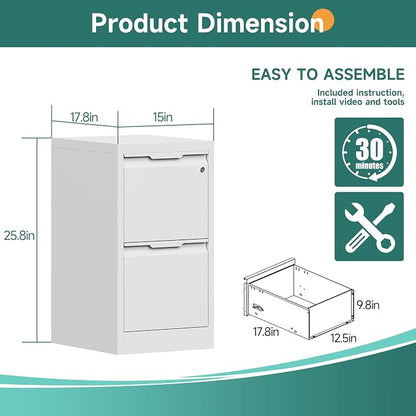 2 Drawer File Cabinet with Lock, Small Filing Cabinets for Home Office,17.8" D Metal File Cabinet for Under Desk, Vertical White File Cabinets for Legal/Letter Size File, Easy Assembly