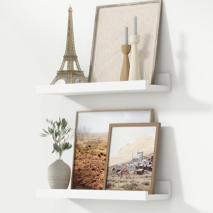 FLYJOE Picture Ledge Shelf, Floating Shelves Set of 2, 16 Inches Nursery Book Shelves for Toys Storage, Kids Bookshelf Wall Mounted for Living Room Bedroom Decor Books Photo Frames, White
