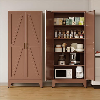 COFaR 71'' Tall Metal Storage Cabinet, Farmhouse Kitchen Pantry Cabinet with Doors and 4 Adjustable Shelves, Brown Metal Cabinets for Garage, Kitchen, Bathroom, Laundry, 5-Tier