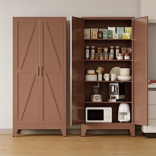 COFaR 71'' Tall Metal Storage Cabinet, Farmhouse Kitchen Pantry Cabinet with Doors and 4 Adjustable Shelves, Brown Metal Cabinets for Garage, Kitchen, Bathroom, Laundry, 5-Tier