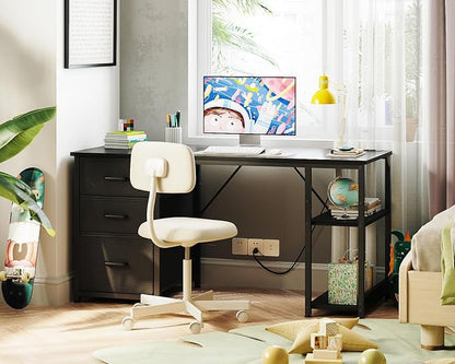 AODK 51 Inch Computer Desk with Drawers & USB Power Outlets, Reversible Home Office Desk with Storage Shelves, Work from Home, Modern Work/Writing/Study Table for Bedroom, Black