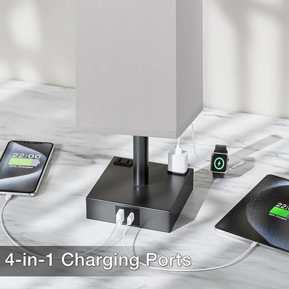 Touch Bedside Table Lamp For Nightstand - 3-Way Dimmable Night Lamp with USB A + Type C Charging Ports and two AC Outlets, Small Desk Light with E26 LED Bulb for Bedroom Living Room Office, Grey Black