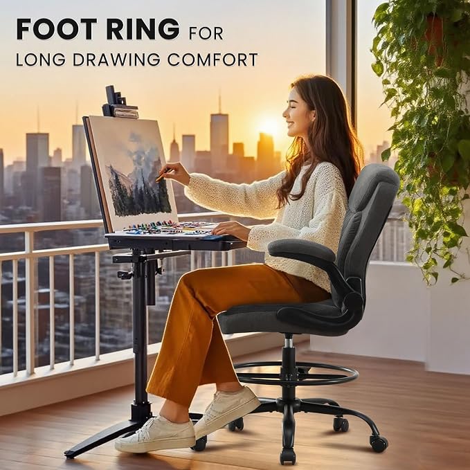 Drafting Chair Tall Office Chair for Standing Desk, Ergonomic Tall Desk Chair with Adjustable Height and Foot Ring, Flip-Up Armrests, Lumbar Support, Breathable Fabric Seat for Home Office and Studio
