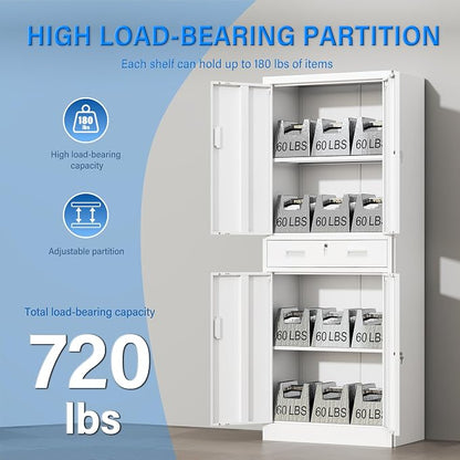 BESFUR Metal Storage Cabinet with 1 Drawer and Adjustable Shelves, 71" H Reinforced Heavy Duty Locking Storage Cabinet for Office, Garage, Home, School, Utility(White)