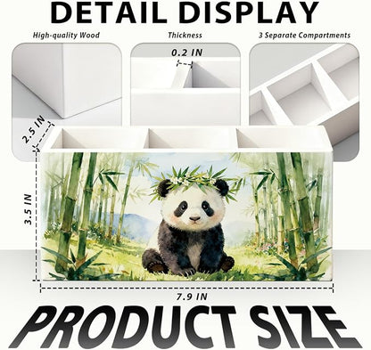 Panda Pen Pencil Holder for Desk Accessories, Cute Panda Gifts for Women & Kids, Wild Animal Wooden Box Sign Decorations for Kids Room Home Office Desk Tabletop