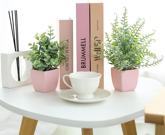 summer flower 2 Pack Small Fake Plants in Pink Pot Artificial Plant Eucalyptus Faux Potted Greenery Wheal Grass for Home Decor Indoor Bathroom Office Desk Shelf Bedroom Kitchen Cabinet Decorations