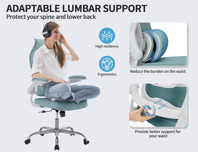 TRALT Ergonomic Office Chair - Desk Chair with Wave High Back Adjustable Lumbar Support Computer Chair - Gaming Chairs Mesh Backrest and PU Leather Seat (Sky Blue)