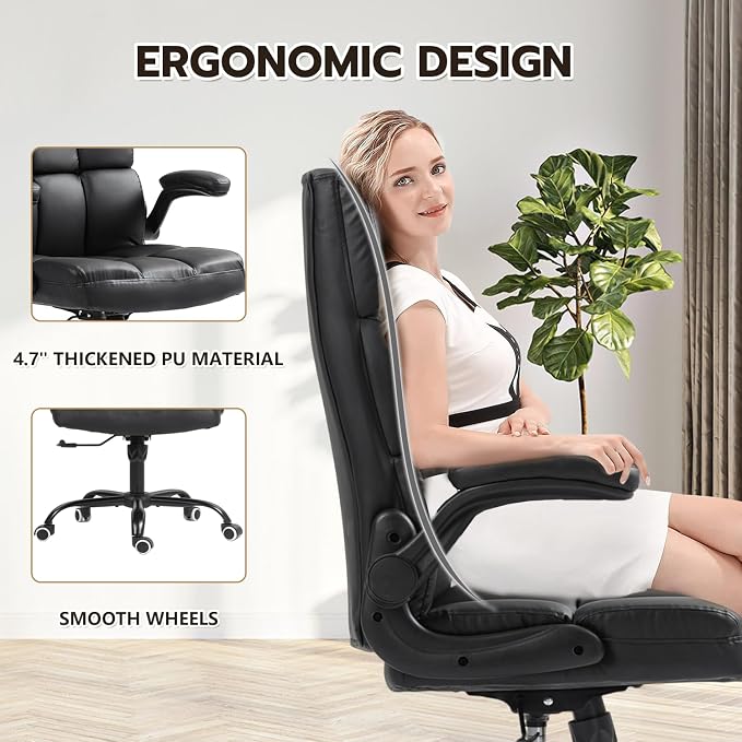 ECOTOUGE Executive Office Chair, PU Leather Ergonomic Comfy Desk Chair, High Back Computer Chair with Adjustable Tilt Angle and Flip-up Arms (Without Footrest Black)