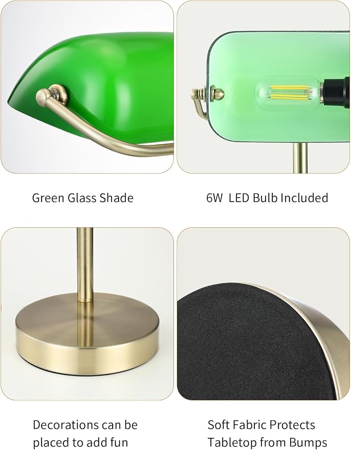 Traditional Green Glass Bankers Desk Lamp,LED Bulb Included | Pull Chain Switch Plug in Fixture