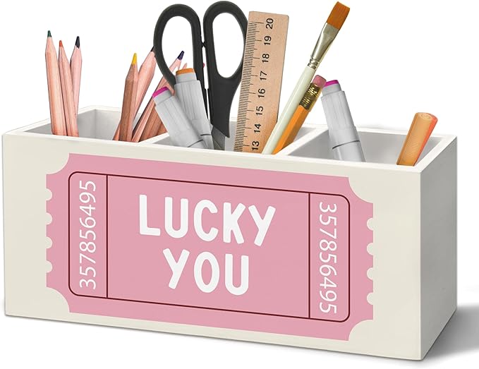 Pink Inspirational Pen Holder Organizer for Desk Accessories, Inspirational Gifts for Women, Retro Trendy Lucky You Motivational Wooden Box Sign Desk Decorations for Girls Office Room Decor