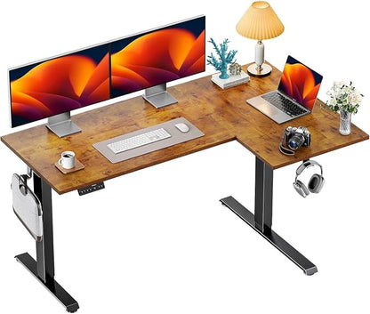 HUANUO Dual Motor 63x40 inch L Shaped Electric Standing Desk with 3 Preset Heights, Electric Height Adjustable Computer Table, 2 Hooks & Cable Tray, Raising Desk for Home Office, Vintage Brown