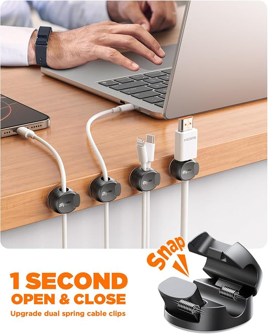 12Pack Cord Organizer [Dual Spring & Clasp, Max Secure] Cable Clips - Chfeila Cord Holder, Desk Cable Management, Adhesive Phone Charging Wire Holder for Nightstand/Car/Wall, Office Accessory - Black