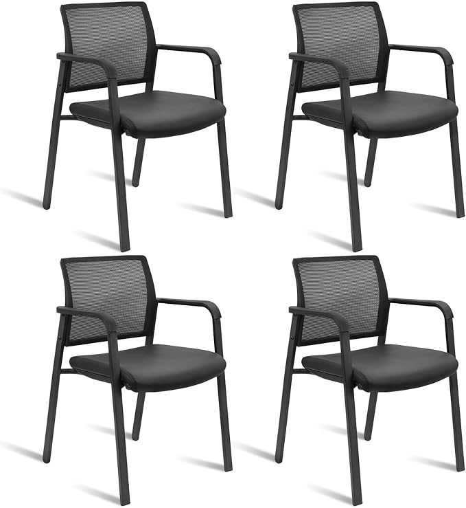 CLATINA Mesh Back Guest Reception Stacking Chair, Waiting Room Stackable Chairs with Upholstered Leather Seat & Ergonomic Lumbar Support for Office Conference School Study Church Lobby, Black, 4 Pack