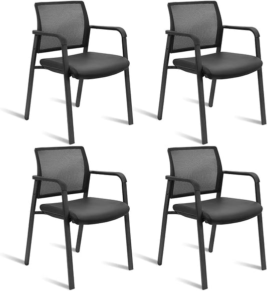 CLATINA Mesh Back Guest Reception Stacking Chair, Waiting Room Stackable Chairs with Upholstered Leather Seat & Ergonomic Lumbar Support for Office Conference School Study Church Lobby, Black, 4 Pack