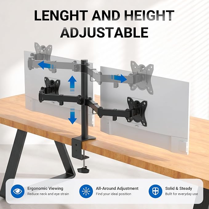 GRIFEMA Monitor Mount for 13-32 in, Dual Monitor Arm, Up to 19.8 Lbs Each | Full Motion Adjustable Height, 360° Rotate, Tilt, Swivel, Easy Install, VESA 75/100 mm, Monitor Stand for Home Office Gaming