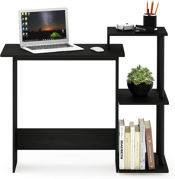 Furinno Efficient 29-Inch Black Computer Desk with Side Shelves, Gaming Desk with 3 Open Shelves, Home Office Desk, for Home Office, Study Room, Dorm, Bedroom, Dark Americano