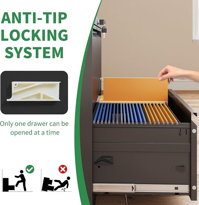 2 Drawer File Cabinet,Metal Lateral Filing Cabinet with Lock,Home Office Storage Organizer Cabinet for Legal/Letter/A4/F4 Size Files,26.8" W,Black