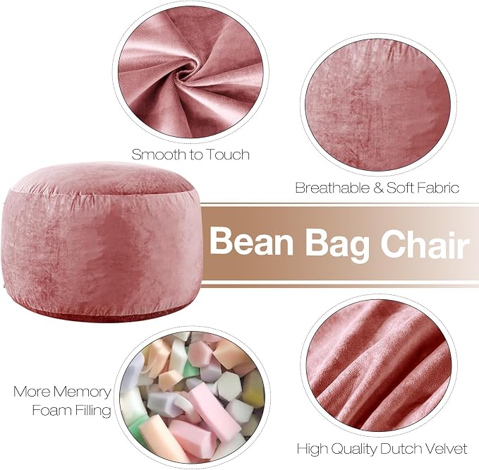 WhatsBedding 3 ft Bean Bag Chair,Large Bean Bag Chairs for Adults with Memory Foam Filling,Lazy Bean Bag Sofa for Living Room,Ultra Soft Velvet Fabric,Pull-Handle,Side-Pocket - 3 Foot,Pink