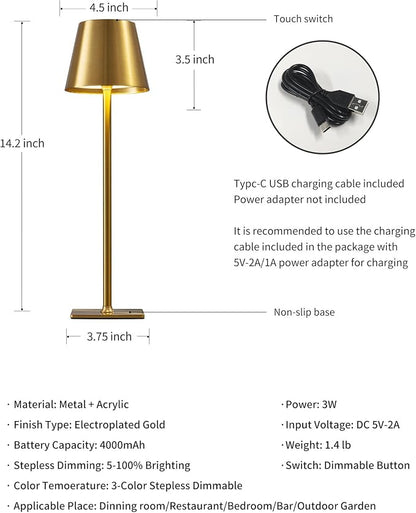 KDG 2 Pack Cordless Table Lamp,Portable LED Desk Lamp, 4000mAh Battery Operated, 3 Color Stepless Dimming Up, for Restaurant/Bedroom/Bars/Outdoor Party/Camping/Coffee Shop Night Light(Gold)