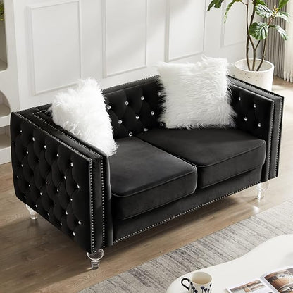 mikibama Velvet Loveseat with Buttons and Square Arms 59 Inch Tufted Sofa with Trimmed Nailhead and Acrylic Legs Loveseat Couch for Living Room, Bedroom (Black-Crystal Legs, Loveseat)