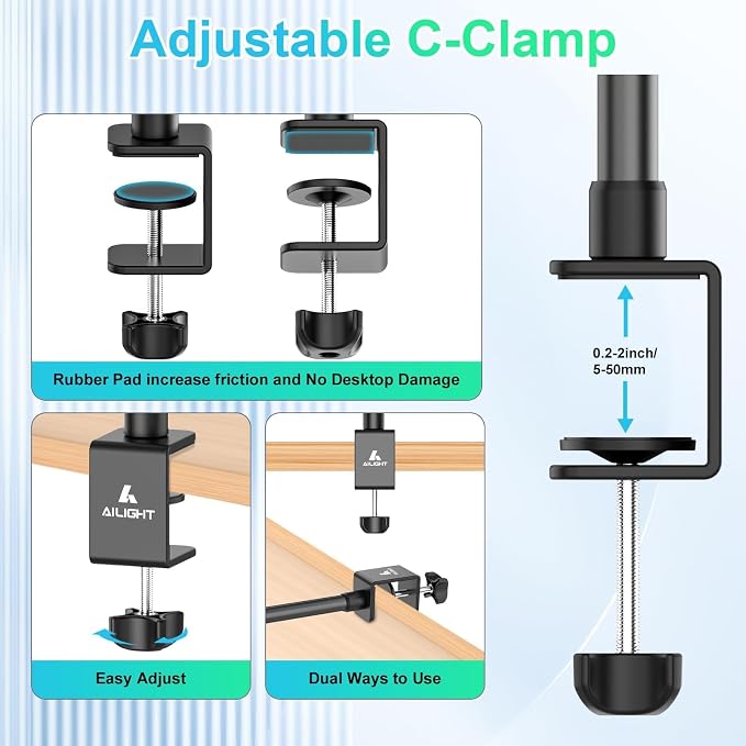 Ailight Desk Mount for Live Streaming, Instant Height Adjustable C-Clamp Stand with Ball Head & Phone Holder, 1/4" Screw for Camera/Smartphone/Webcam, Tool-Free Telescopic for Vlogging & Recording