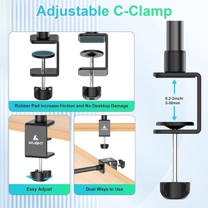 Ailight Desk Mount for Live Streaming, Instant Height Adjustable C-Clamp Stand with Ball Head & Phone Holder, 1/4" Screw for Camera/Smartphone/Webcam, Tool-Free Telescopic for Vlogging & Recording