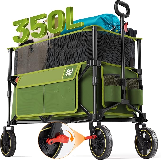 Timber Ridge 350L Extra Large Collapsible Folding Wagon Carts with Brake, Heavy Duty Outdoor Camping Utility Wagons with Extended Height, Adjustable Handle, Cup Holders, Side Bag(Green)