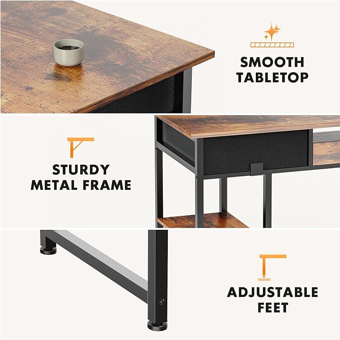 Sweetcrispy Desk with Fabric Drawers, Computer Office 48 Inch Gaming Writing Study 4 Storage Shelves Table for Home Office Bedroom PC Desk, Pure Brown