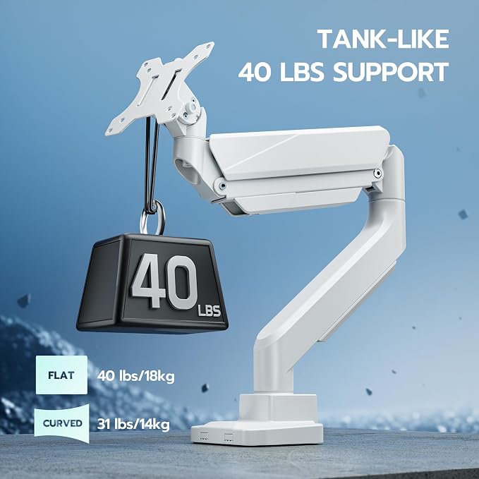 ARES WING Ultrawide Monitor Arm, Heavy Duty Single Monitor Mount for 13"-49" Curved Screens, Adjustable Stand for Desk with C-clamp & Grommet Base up to 40 LBS, White