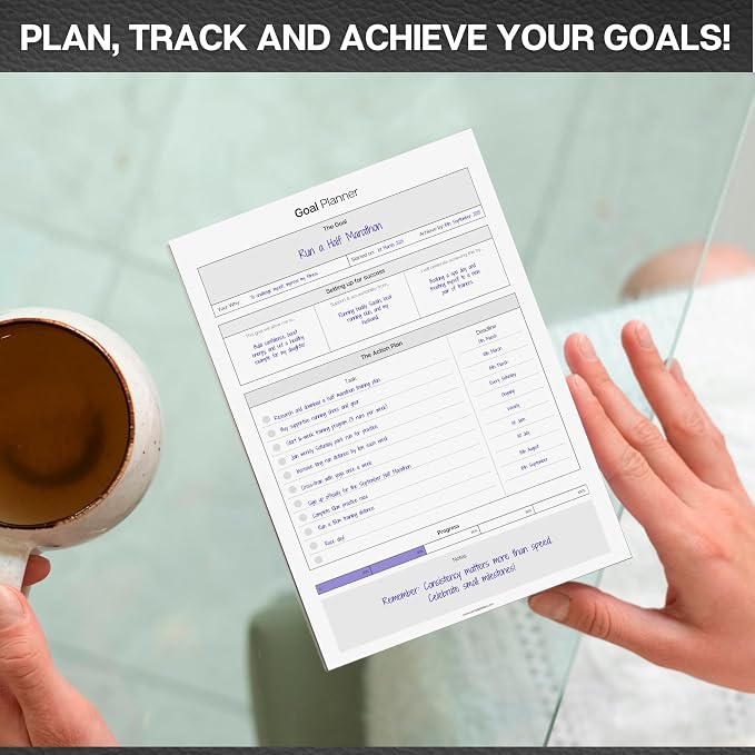 Goal Planner Deskpad | Goal Setting Notepad with Action Plan, Progress Tracker, Deadlines & Notes, 50 Sheets, 120gsm Paper, Undated Productivity Planner for Work, Study, Business & Personal Goals | A5
