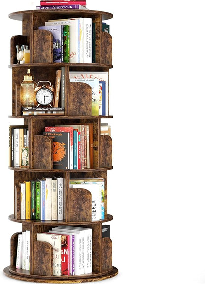 Besiost Rotating Bookshelf Tower, 5 Tier Spinning Bookcase, Revolving 360 Book Shelf Narrow Tall Bookcase, Vertical Turning Round Bookshelf Organizer, Corner Book Shelf for Small Space, Rustic Brown