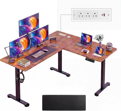 63” L Shaped Standing Desk with Charging Station,Supports Left and Right Swapping,Electric Height Adjustable Corner Stand Up Desk.Free Hook, Lockable Wheels,Mouse Pad,Brown