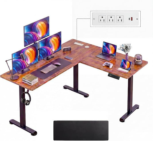 63” L Shaped Standing Desk with Charging Station,Supports Left and Right Swapping,Electric Height Adjustable Corner Stand Up Desk.Free Hook, Lockable Wheels,Mouse Pad,Brown