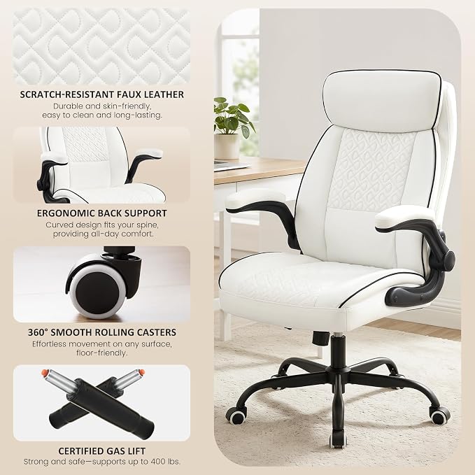 White Office Chair 400lbs, Modern Executive Desk Chair with Lumbar Support, Comfortable Computer Chair with Flip-up Armrests, Adjustable Height Swivel Reclining Chair for Home Office, Faux Leather