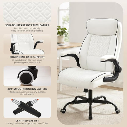 White Office Chair 400lbs, Modern Executive Desk Chair with Lumbar Support, Comfortable Computer Chair with Flip-up Armrests, Adjustable Height Swivel Reclining Chair for Home Office, Faux Leather