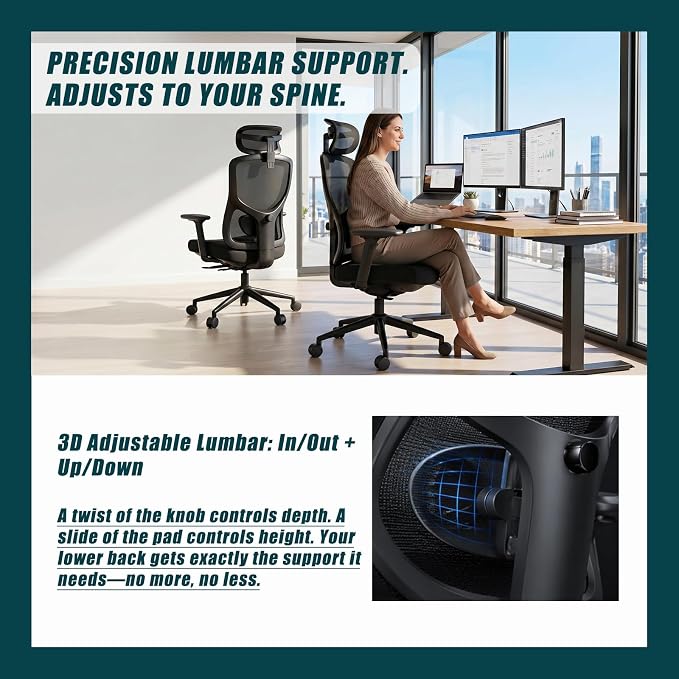 Ergonomic Office Chair with Breathable Mesh Back & Thick Cushion Seat, 4D Armrests, 3D Headrest, Adjustable Lumbar Support & Seat Depth, High Back Desk Chair with Tilt Lock (Black)