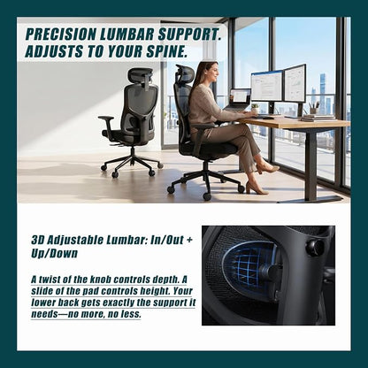 Ergonomic Office Chair with Breathable Mesh Back & Thick Cushion Seat, 4D Armrests, 3D Headrest, Adjustable Lumbar Support & Seat Depth, High Back Desk Chair with Tilt Lock (Black)