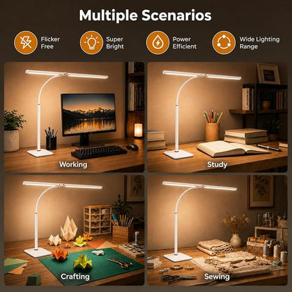 24" Double Head LED Desk Lamp, 15W Wide Architect Desk Light with Base for Home Office, Smart Memory, 360° Flexible Gooseneck Task Lamp, 3 Colors 10 Brightness Tall Monitor Light,White