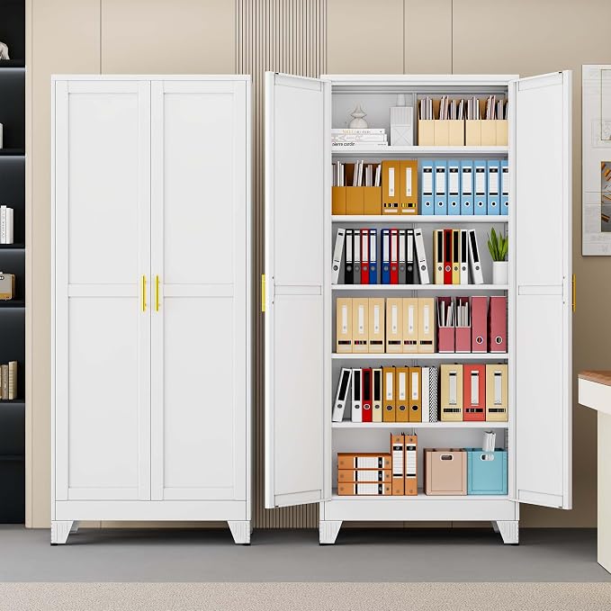 pozdeg 75" Tall Metal Storage Cabinet with 2 Doors & 5 Adjustable Shelves, Steel File Cabinet Multipurpose Organizer for Home Office Garage (White)