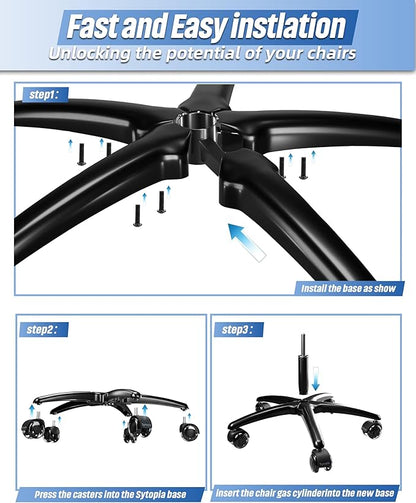 Sytopia 28'' (70 cm) Heavy-Duty Metal Office Chair Base Replacement with 5 Wheels, Reinforced Base for Managerial & Executive Chairs, Compatible with 2" Gas Cylinder, Black
