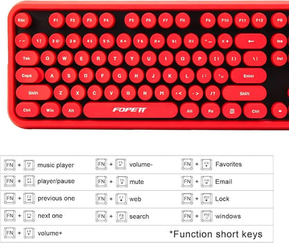 FOPETT Wireless Keyboard and Mouse Combo, 104 Keys Full-Sized 2.4 GHz Round Keycap Colorful Keyboards, USB Receiver Plug and Play, for Windows, Mac, PC, Laptop, Desktop (Black Red)
