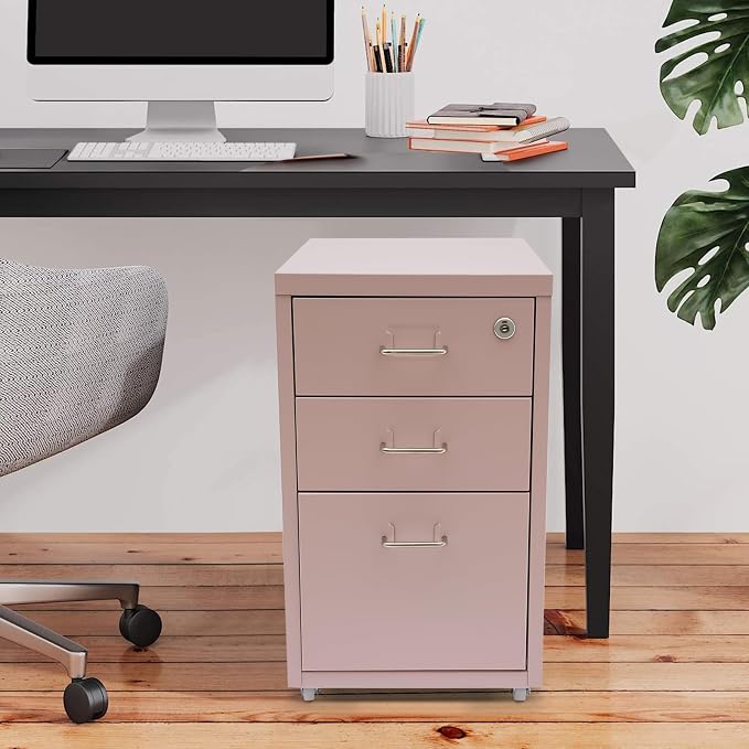 3-Drawer Vertical File Cabinet, 11*16*18.3in Rolling File Cabinet, Mobile Organizer Storage Cabinet with Lock, Office Filing Storage Cabinet Under Desk fits A4 Size, for Home Office (Pink)