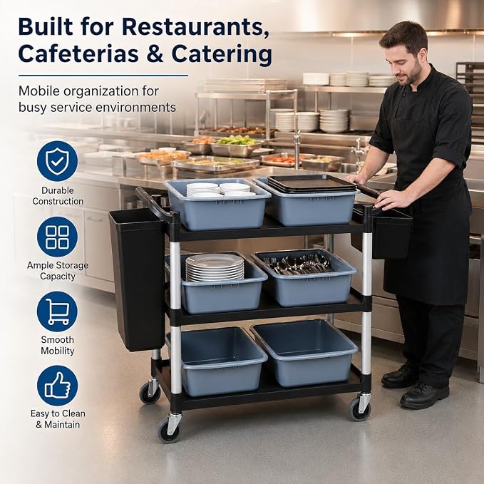 Storage Cart 3 Tier Heavy Duty Commercial Grade Utility Cart,Dish Cart for Restaurant,Multi-Function Mobile Shelving Unit Organizer for Hotel,Restaurant,Kitchen,Laundry Room with 6 Basin 2 Barrels