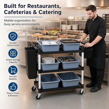 Storage Cart 3 Tier Heavy Duty Commercial Grade Utility Cart,Dish Cart for Restaurant,Multi-Function Mobile Shelving Unit Organizer for Hotel,Restaurant,Kitchen,Laundry Room with 6 Basin 2 Barrels