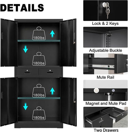 CMY Metal Storage Cabinet, 71" H x 32" W x 16" D Locking Storage Cabinet with Adjustable Shelves and 2 Drawers, Steel Cabinets for Office, Garage, Home, School, Utility Room(Black)
