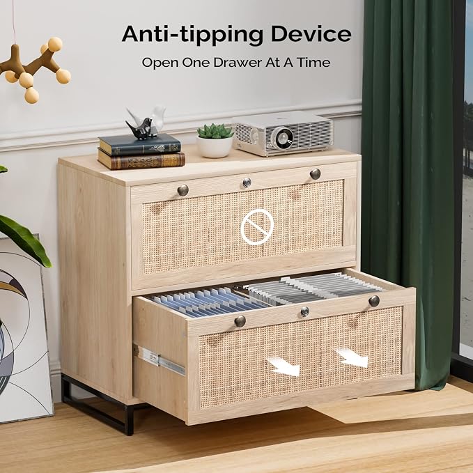 VINGLI Wood Rattan 2 Drawer Lateral File Cabinet with Lock for Home Office, Lockable Filing Cabinet with Rustic Metal Handles for Hanging Letter/A4/Legal Size Labeled Folders, Oak, 30W x 16D x 28H