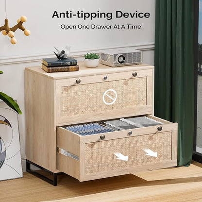 VINGLI Wood Rattan 2 Drawer Lateral File Cabinet with Lock for Home Office, Lockable Filing Cabinet with Rustic Metal Handles for Hanging Letter/A4/Legal Size Labeled Folders, Oak, 30W x 16D x 28H