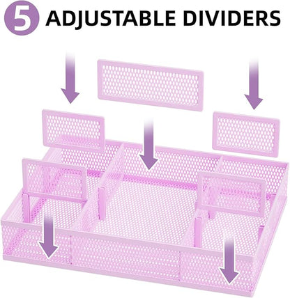 Marbrasse 2 Pack Desk Drawer Organizer, Mesh Drawer Organizer Tray with 8 Adjustable Compartments, Desk Organizers and Accessories, 5 Dividers Drawer for Office Supplies, Makeup & Vanity (Purple)